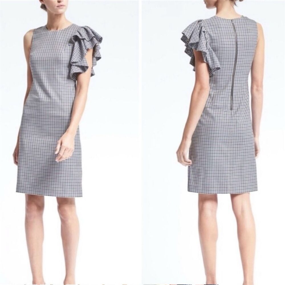 New‎ Banana Republic Shoulder Detail Plaid Ruffle Sheath Dress Size 4